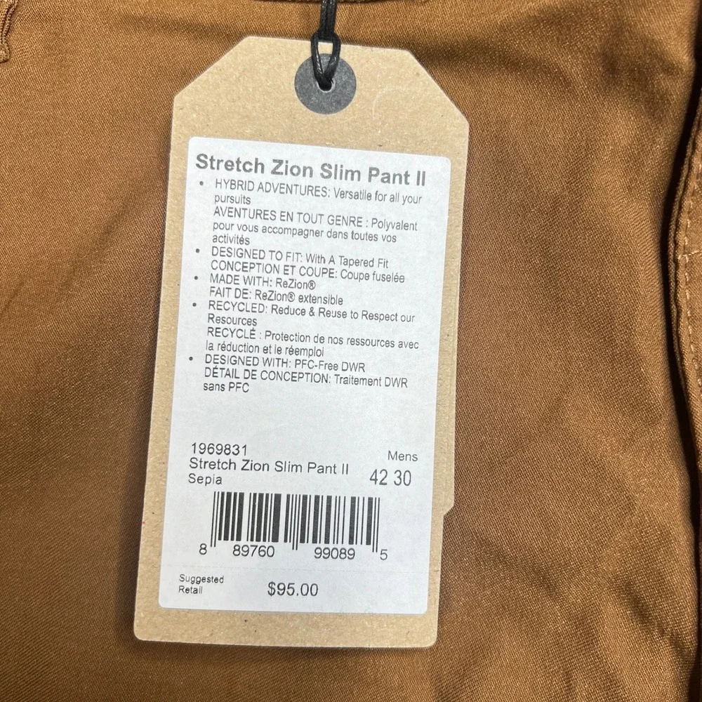 NWT PrAna Mens 42x30 Stretch Zion Slim Pant II Sepia Brown Cargo Hiking Pants‎